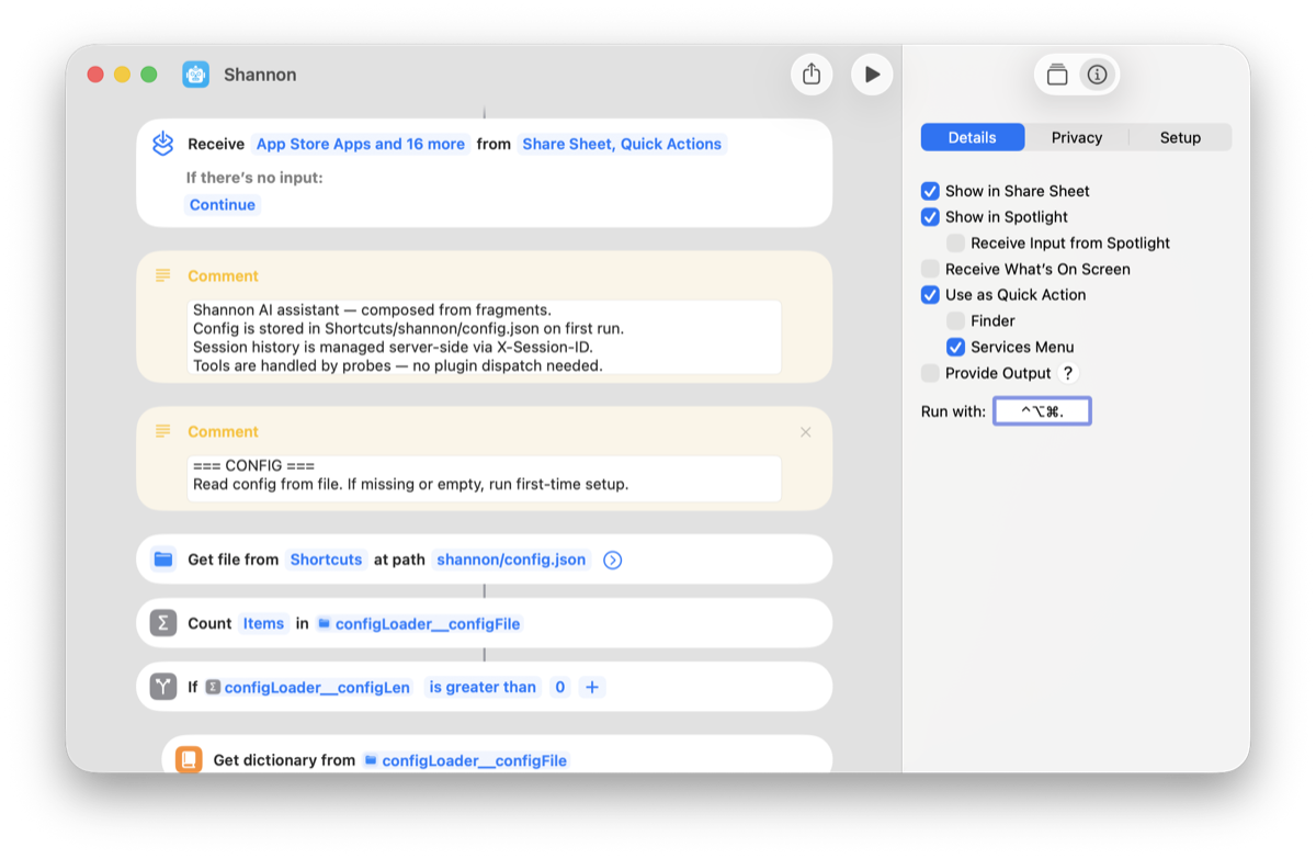 Shannon shortcut settings showing Share Sheet, Spotlight, and Quick Action options enabled